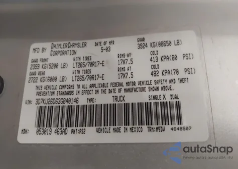 2003 Dodge Ram 2500 Slt/Laramie/St из США, поврежденный, VIN 3D7KU26D63G840146